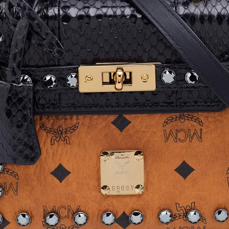 Pre Owned MCM Tan/Black Visetos Coated Canvas and Watersnake Mini Heritage Top Handle Bag