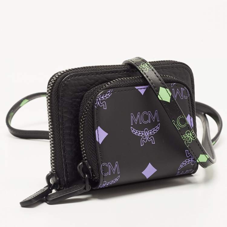 Pre Owned MCM Black/Pruple Leather Color Splash Logo Zip Around Wallet Bag