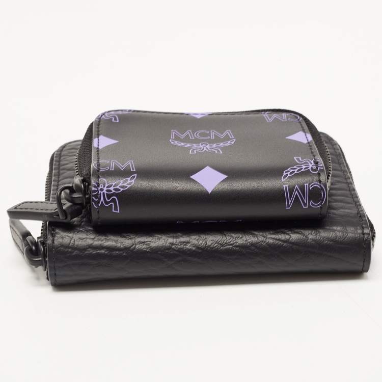 Pre Owned MCM Black/Pruple Leather Color Splash Logo Zip Around Wallet Bag