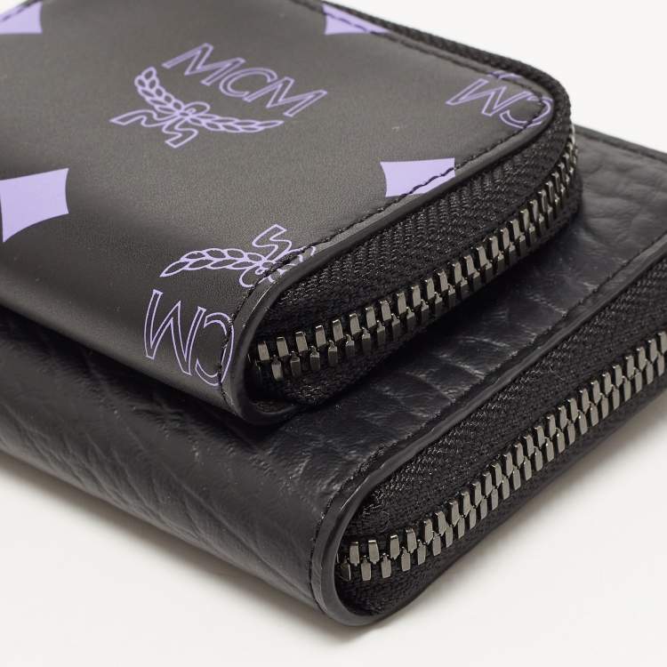 Pre Owned MCM Black/Pruple Leather Color Splash Logo Zip Around Wallet Bag