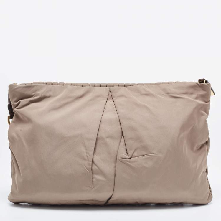 Pre Owned MCM Beige Pleated Nylon Wristlet Zip Pouch