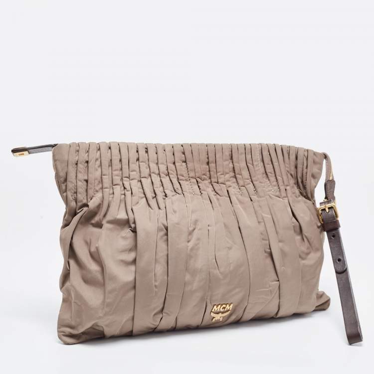 Pre Owned MCM Beige Pleated Nylon Wristlet Zip Pouch