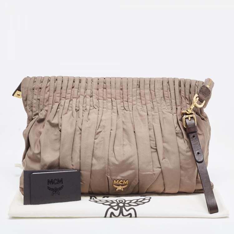 Pre Owned MCM Beige Pleated Nylon Wristlet Zip Pouch