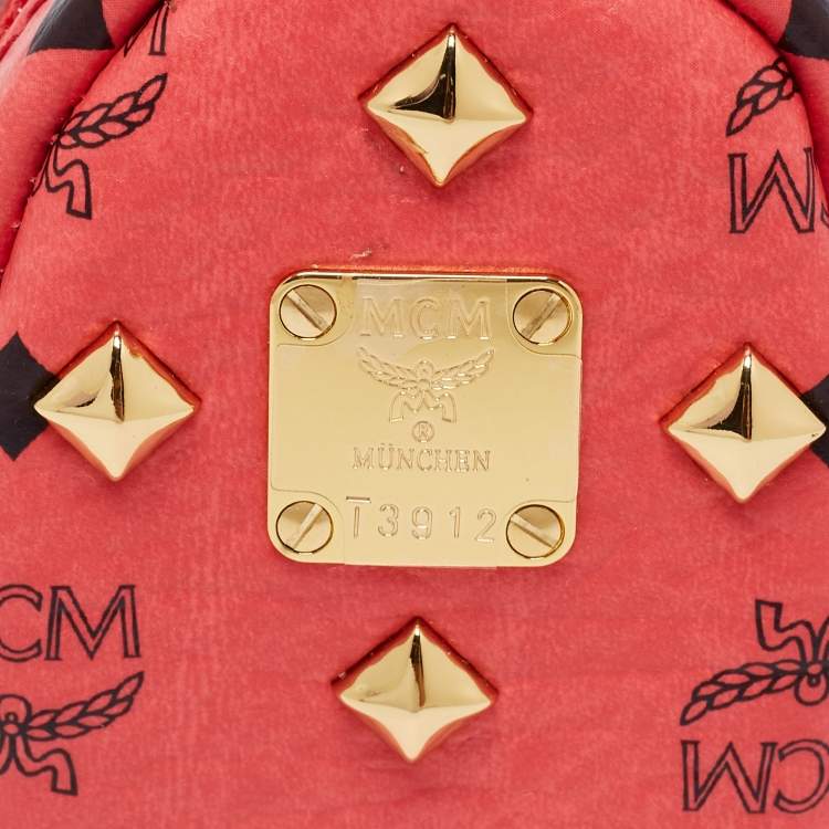 Pre Owned MCM Coral Red Visetos Coated Canvas Backpack Bag Charm