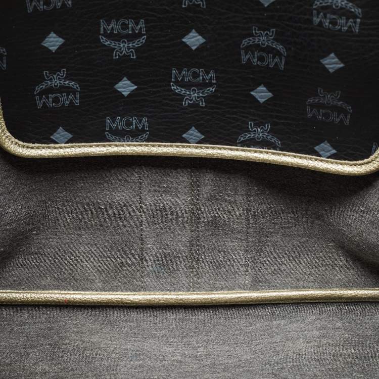 Pre Owned MCM Black/Gold Visetos Coated Canvas, Snakeskin Embossed and Leather Princess Lion Shopper Tote
