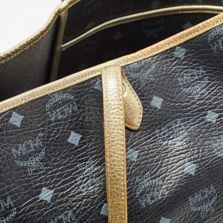Pre Owned MCM Black/Gold Visetos Coated Canvas, Snakeskin Embossed and Leather Princess Lion Shopper Tote