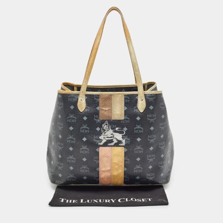 Pre Owned MCM Black/Gold Visetos Coated Canvas, Snakeskin Embossed and Leather Princess Lion Shopper Tote