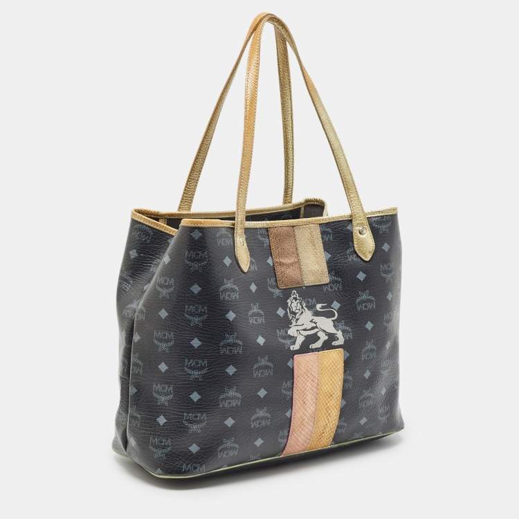 Pre Owned MCM Black/Gold Visetos Coated Canvas, Snakeskin Embossed and Leather Princess Lion Shopper Tote