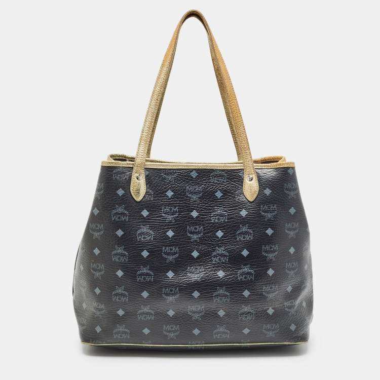 Pre Owned MCM Black/Gold Visetos Coated Canvas, Snakeskin Embossed and Leather Princess Lion Shopper Tote