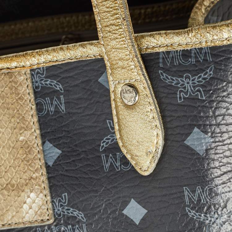 Pre Owned MCM Black/Gold Visetos Coated Canvas, Snakeskin Embossed and Leather Princess Lion Shopper Tote