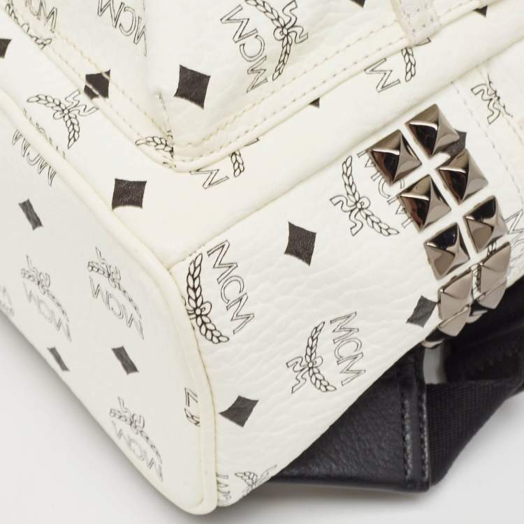 Pre Owned MCM White/Black Visetos Coated Canvas Studded Stark-Bebe Boo Backpack