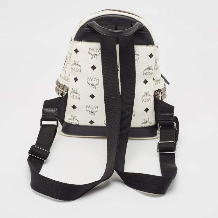 Pre Owned MCM White/Black Visetos Coated Canvas Studded Stark-Bebe Boo Backpack