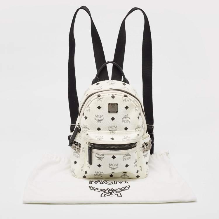 Pre Owned MCM White/Black Visetos Coated Canvas Studded Stark-Bebe Boo Backpack