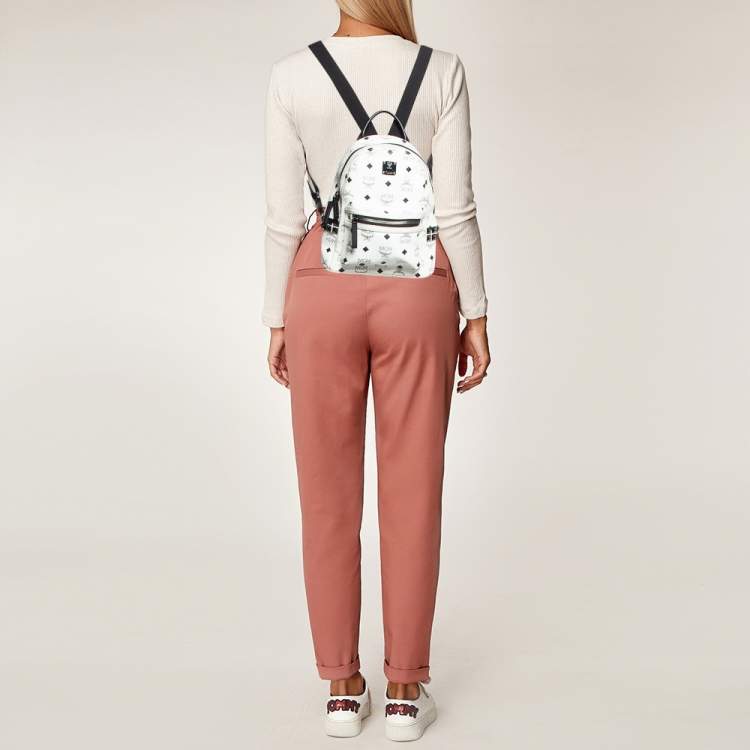 Pre Owned MCM White/Black Visetos Coated Canvas Studded Stark-Bebe Boo Backpack