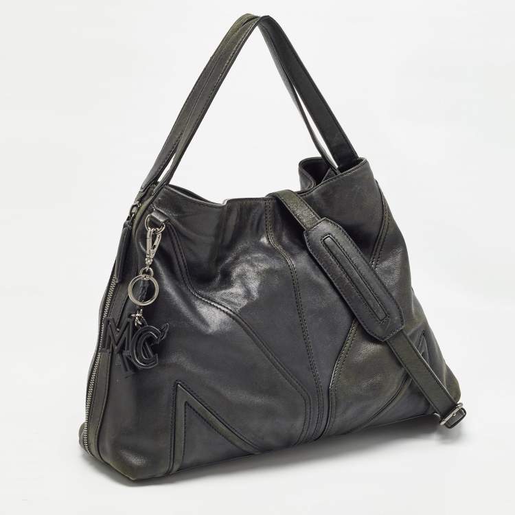 Pre Owned MCM Black Leather Logo Charm Shoulder Bag