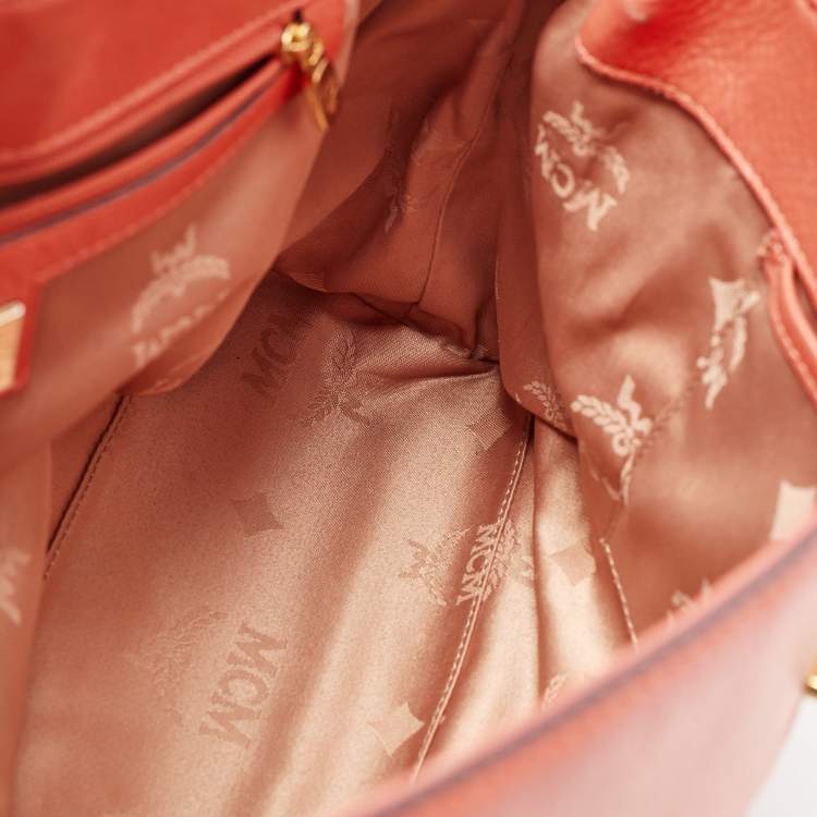 Pre Owned MCM Orange Leather Turn Lock Flap Top Handle Bag