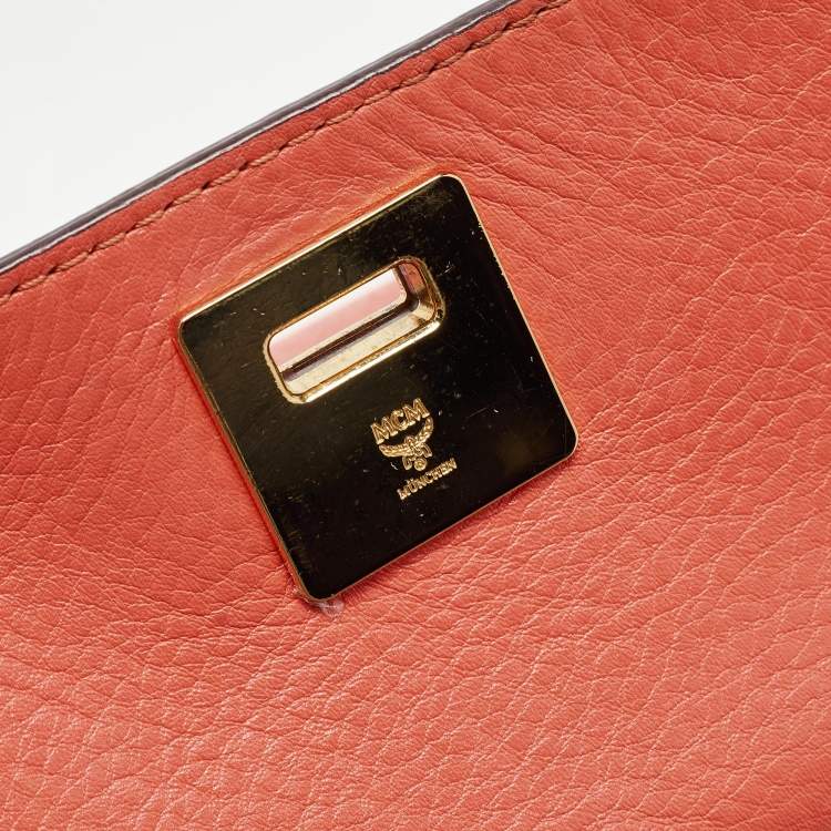 Pre Owned MCM Orange Leather Turn Lock Flap Top Handle Bag