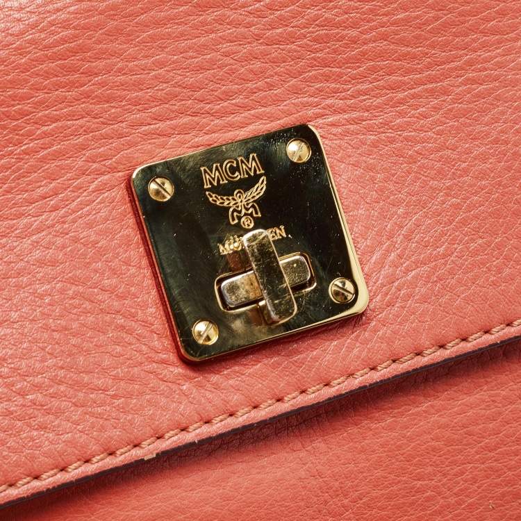 Pre Owned MCM Orange Leather Turn Lock Flap Top Handle Bag