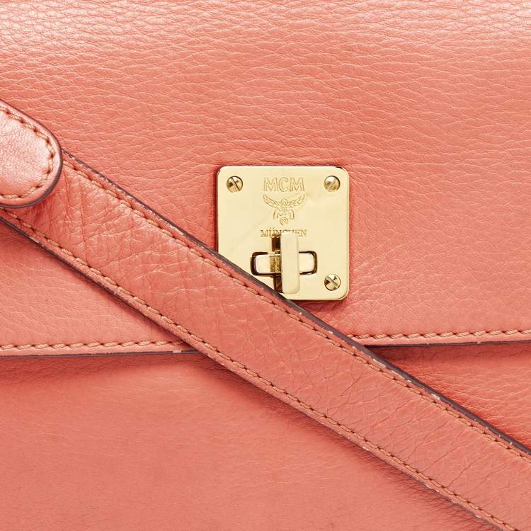 Pre Owned MCM Orange Leather Turn Lock Flap Top Handle Bag