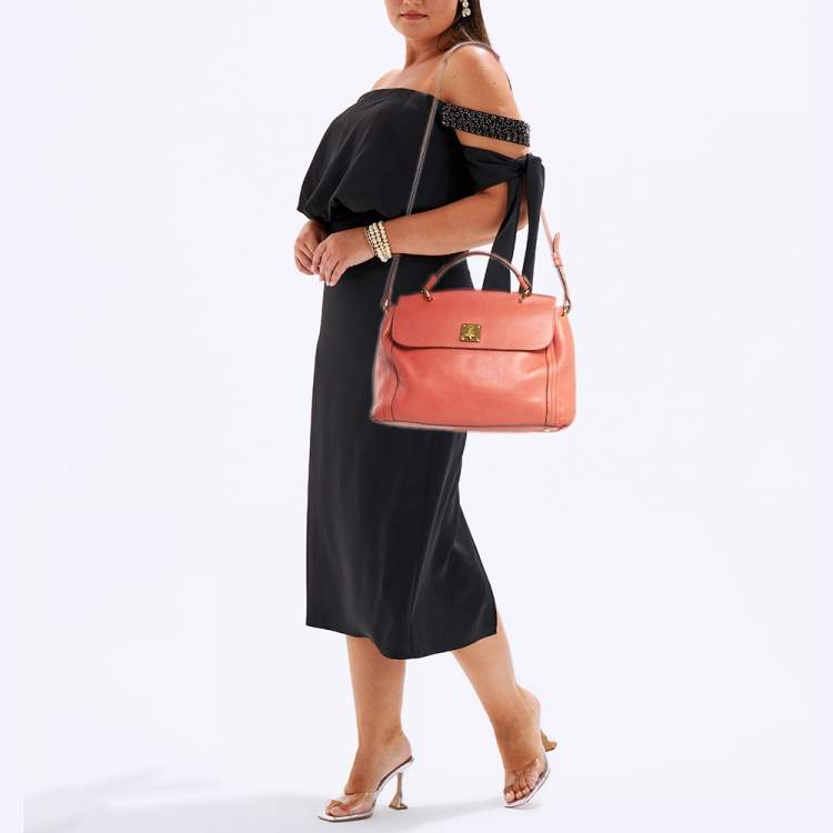 Pre Owned MCM Orange Leather Turn Lock Flap Top Handle Bag