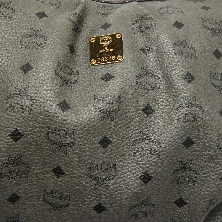 Pre Owned MCM Grey/Brown Visetos Coated Canvas and Leather Pleated Hobo