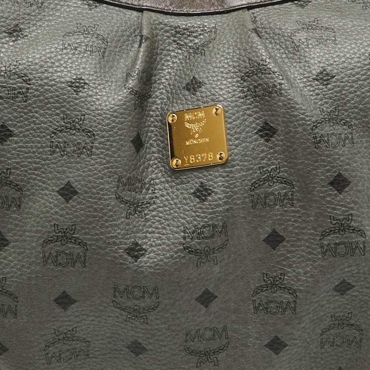 Pre Owned MCM Grey/Brown Visetos Coated Canvas and Leather Pleated Hobo