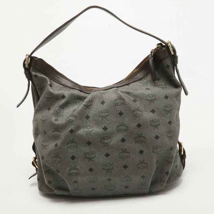Pre Owned MCM Grey/Brown Visetos Coated Canvas and Leather Pleated Hobo