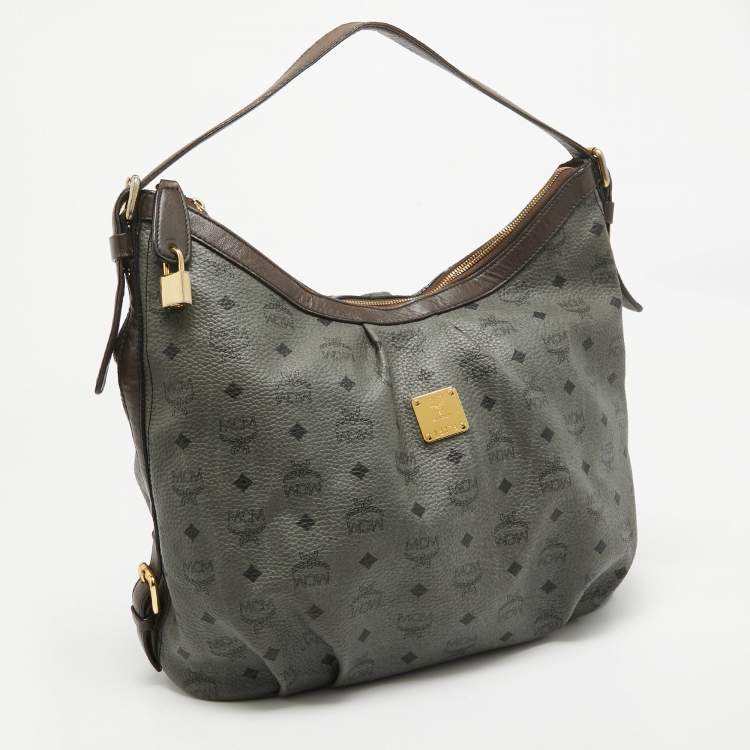 Pre Owned MCM Grey/Brown Visetos Coated Canvas and Leather Pleated Hobo