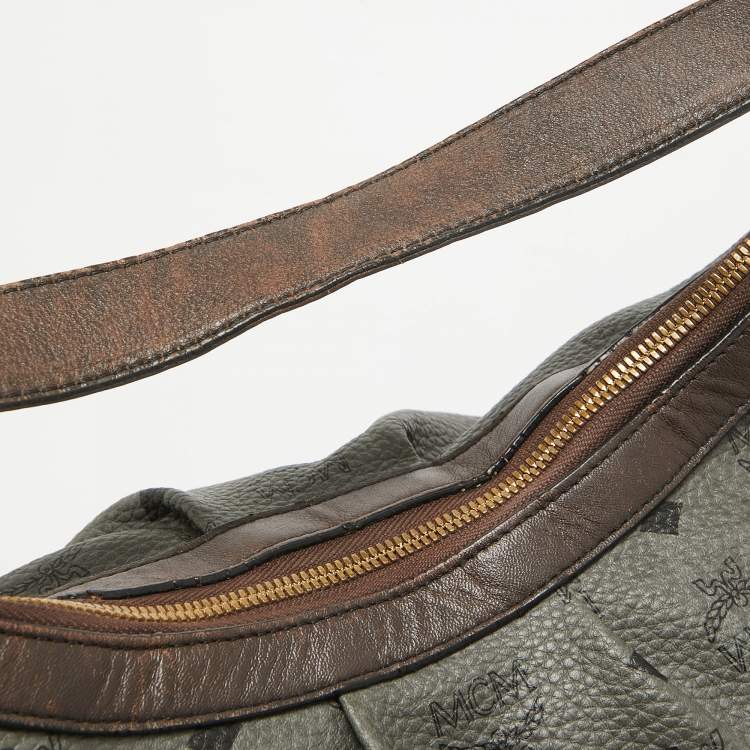 Pre Owned MCM Grey/Brown Visetos Coated Canvas and Leather Pleated Hobo