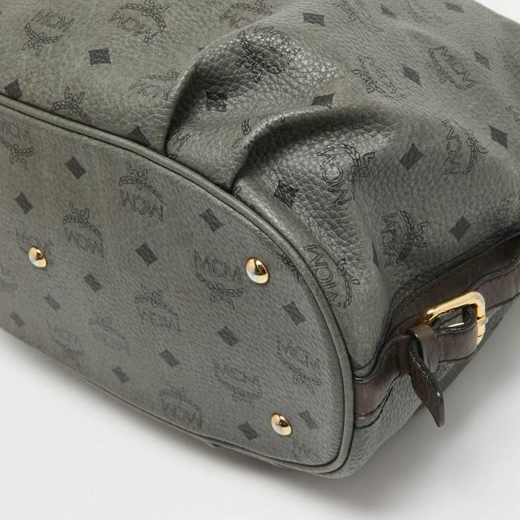 Pre Owned MCM Grey/Brown Visetos Coated Canvas and Leather Pleated Hobo