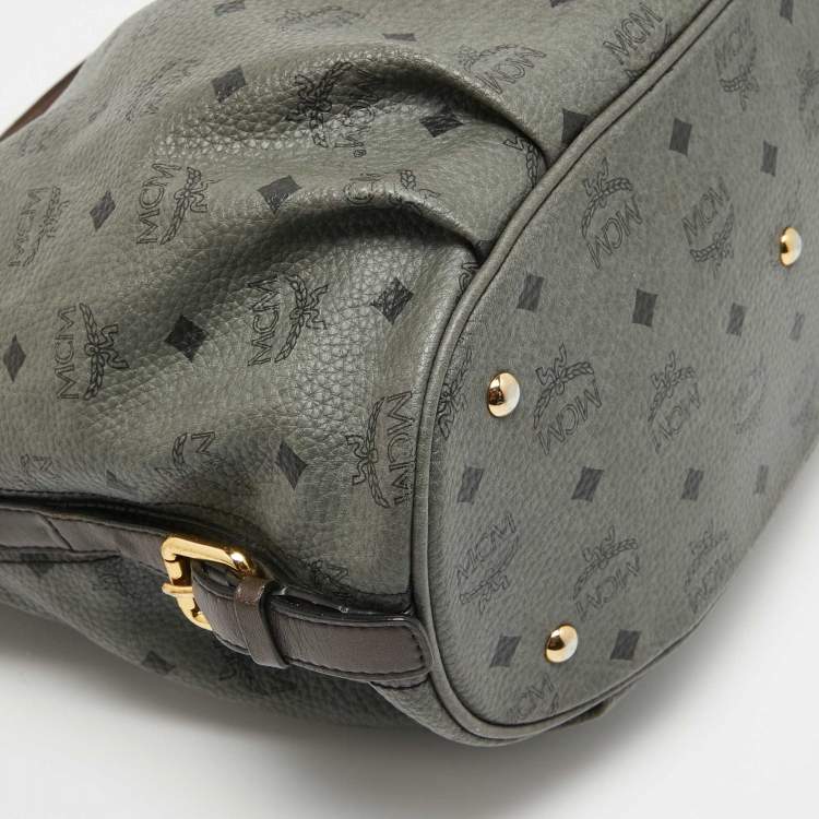 Pre Owned MCM Grey/Brown Visetos Coated Canvas and Leather Pleated Hobo