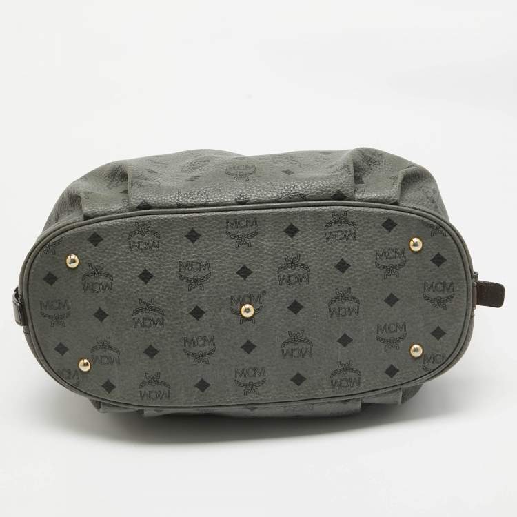 Pre Owned MCM Grey/Brown Visetos Coated Canvas and Leather Pleated Hobo