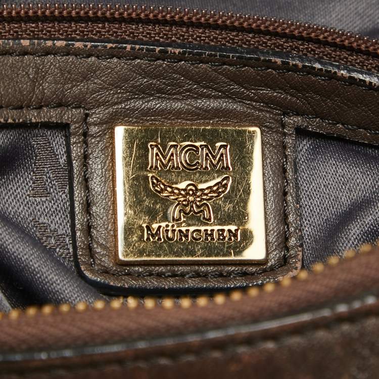 Pre Owned MCM Grey/Brown Visetos Coated Canvas and Leather Pleated Hobo