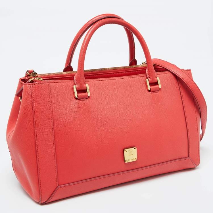 Pre Owned MCM Coral Orange Leather Large Nuovo Tote