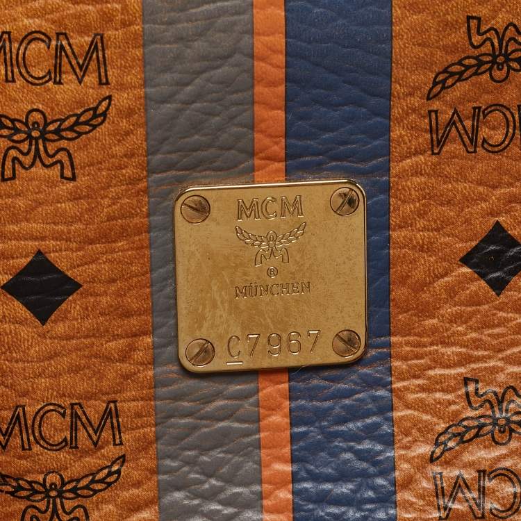 Pre Owned MCM Cognac Visetos Coated Canvas and Leather Striped Shopper Tote