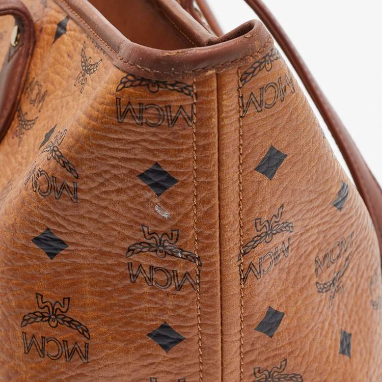 Pre Owned MCM Cognac Visetos Coated Canvas and Leather Striped Shopper Tote