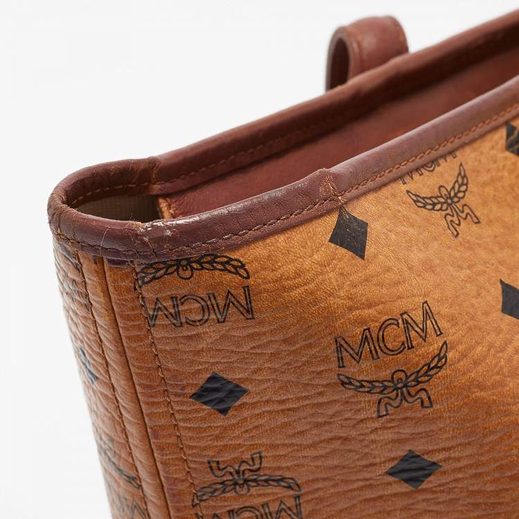 Pre Owned MCM Cognac Visetos Coated Canvas and Leather Striped Shopper Tote