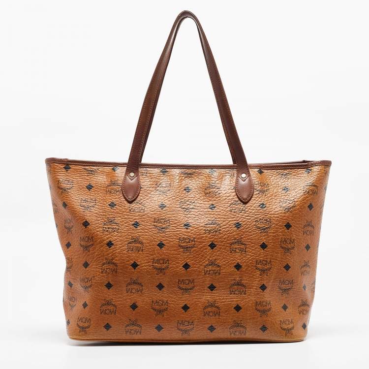 Pre Owned MCM Cognac Visetos Coated Canvas and Leather Striped Shopper Tote