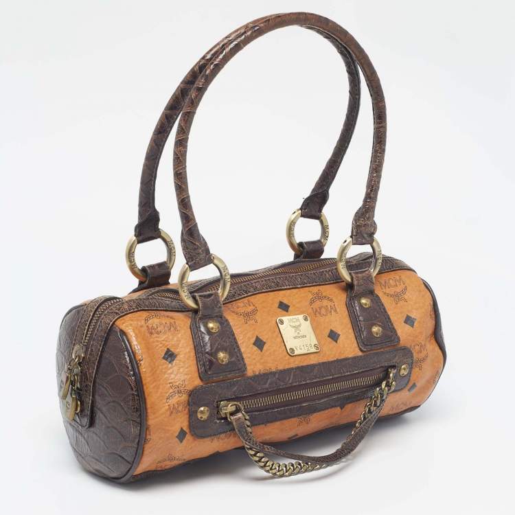 Pre Owned MCM Dark Brown/Cognac Visetos Coated Canvas and Python Embossed Leather Satchel
