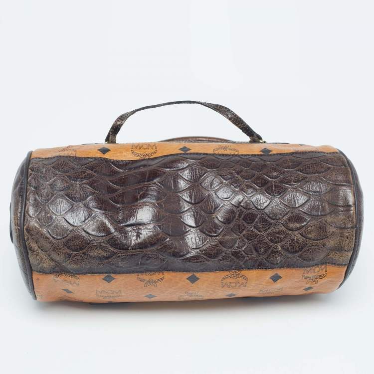 Pre Owned MCM Dark Brown/Cognac Visetos Coated Canvas and Python Embossed Leather Satchel