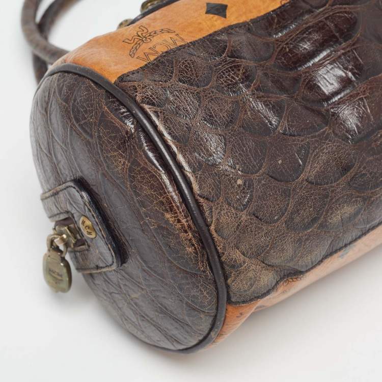 Pre Owned MCM Dark Brown/Cognac Visetos Coated Canvas and Python Embossed Leather Satchel