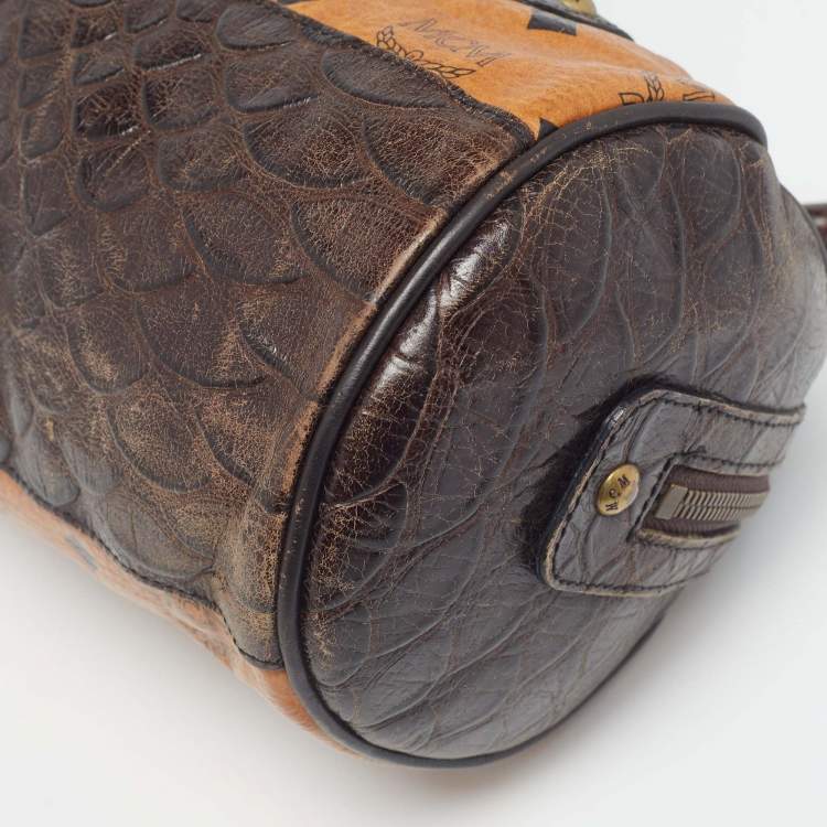 Pre Owned MCM Dark Brown/Cognac Visetos Coated Canvas and Python Embossed Leather Satchel