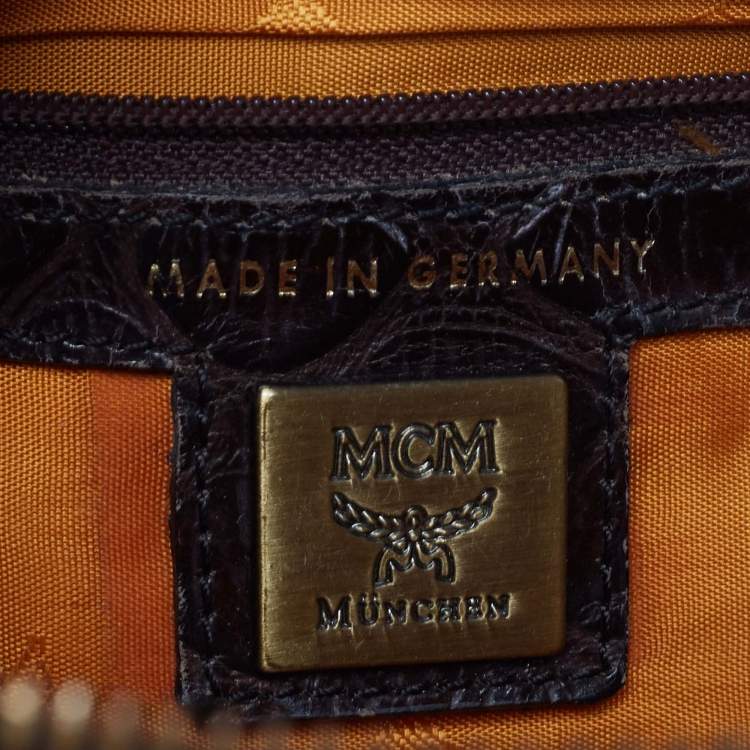 Pre Owned MCM Dark Brown/Cognac Visetos Coated Canvas and Python Embossed Leather Satchel