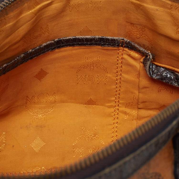 Pre Owned MCM Dark Brown/Cognac Visetos Coated Canvas and Python Embossed Leather Satchel
