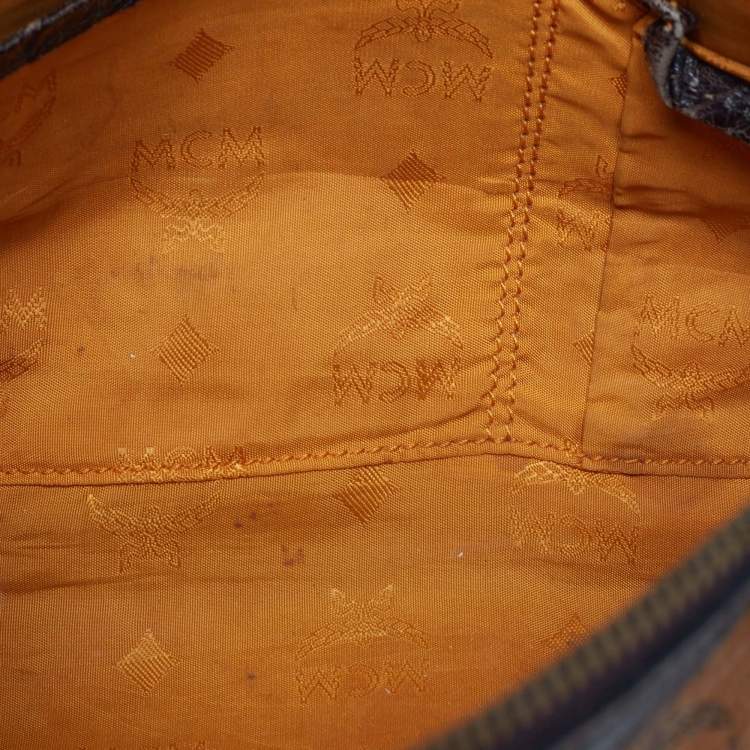 Pre Owned MCM Dark Brown/Cognac Visetos Coated Canvas and Python Embossed Leather Satchel
