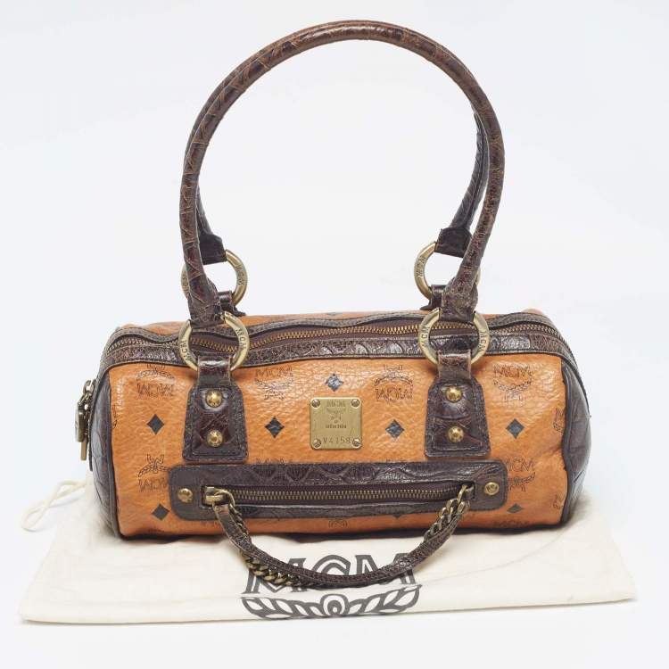 Pre Owned MCM Dark Brown/Cognac Visetos Coated Canvas and Python Embossed Leather Satchel