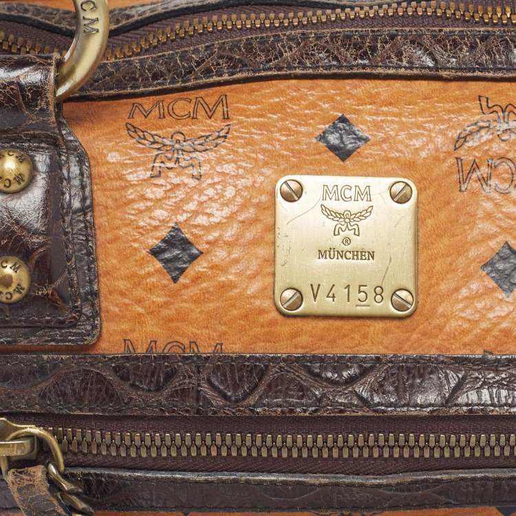 Pre Owned MCM Dark Brown/Cognac Visetos Coated Canvas and Python Embossed Leather Satchel