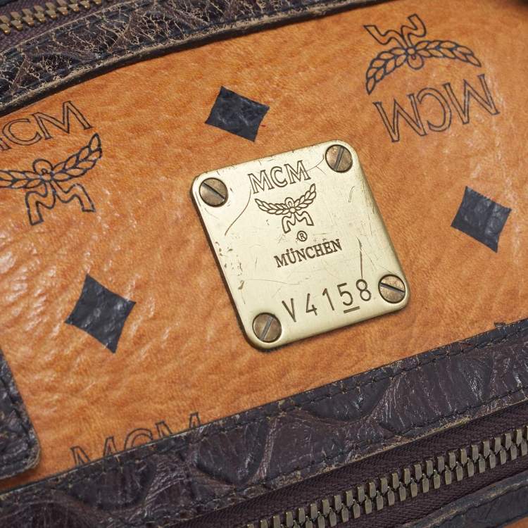 Pre Owned MCM Dark Brown/Cognac Visetos Coated Canvas and Python Embossed Leather Satchel