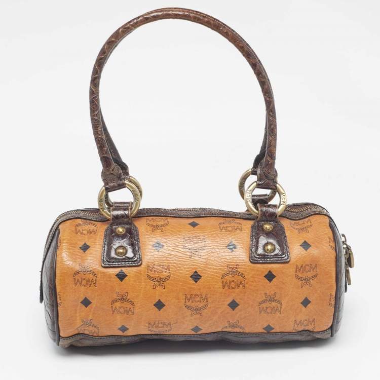 Pre Owned MCM Dark Brown/Cognac Visetos Coated Canvas and Python Embossed Leather Satchel
