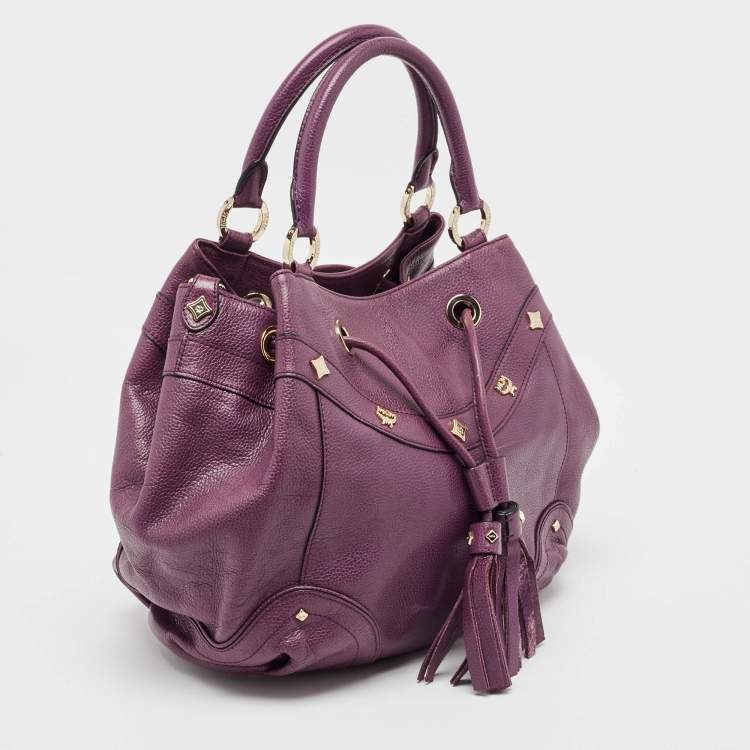 Pre Owned MCM Purple Leather Studded Drawstring Shoulder Bag
